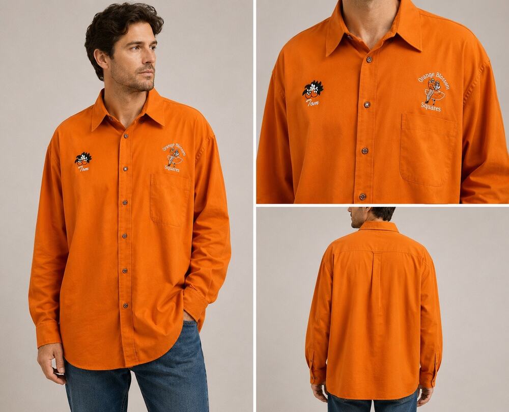 Orange Blossom Squares Mens 4XL Harriton Orange Embroidered Square Dance Shirt